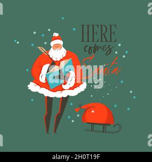 Vettore disegnato a mano astratto divertimento Merry Natale e felice anno nuovo cartoon illustrazione biglietto di auguri con Babbo Natale, borsa e qui viene Babbo Natale Illustrazione Vettoriale