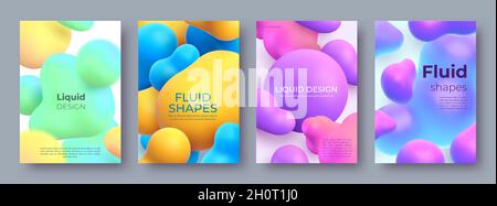 Poster astratti con palline fluide 3d e blob. Design a forma di liquido morphing. Moderne bolle di vernice e blot vettore sfondo set Illustrazione Vettoriale