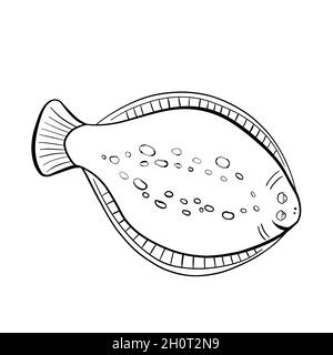 Pesce piatto di mare nero. Scannerello nero in stile doodle Illustrazione Vettoriale