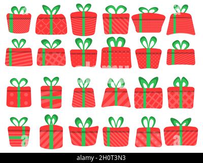 Set di icone delle confezioni regalo isolato su sfondo bianco. Collezione di varie confezioni regalo di colore rosso in stile piatto. Confezione regalo per poster, striscioni e. Illustrazione Vettoriale