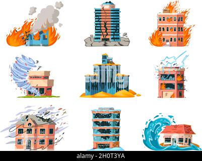 Le catastrofi naturali danneggiano la costruzione della città, il terremoto, l'uragano e gli incendi. Assicurazione domestica per disastro, tornado o il vettore di incidente di alluvione set Illustrazione Vettoriale