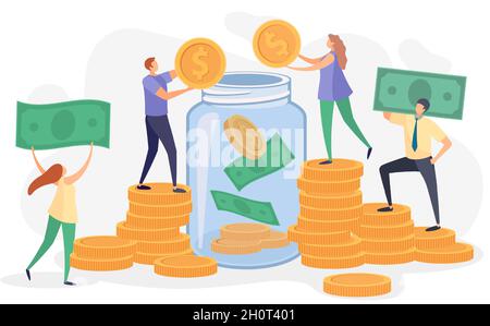 La gente piatta gettando i soldi, le fatture e le monete in vaso di vetro. I personaggi raccolgono donazioni. Risparmi familiari o aziendali nel concetto di vettore bancario Illustrazione Vettoriale
