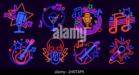 Neon insegne per karaoke club e stand up comedy show. Musica party notte brillante logo con microfoni e nota. Set vettore evento barra Karaoke Illustrazione Vettoriale