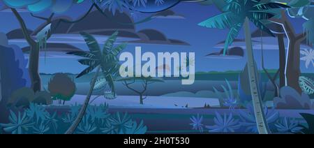 Alberi della giungla. Paesaggio notturno. Spessi densi. Vista dal panorama della foresta tropicale scura. Paesaggio rurale meridionale. Illustrazione in stile cartoon des flat Illustrazione Vettoriale