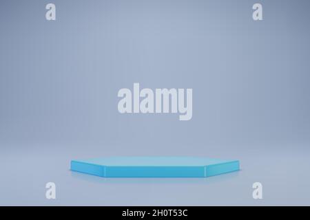 Podio esagonale 3D blu chiaro su sfondo pastello. Fase vuota per la presentazione del prodotto. Piattaforma vettoriale realistica con spazio libero. Mocku minimalista Illustrazione Vettoriale