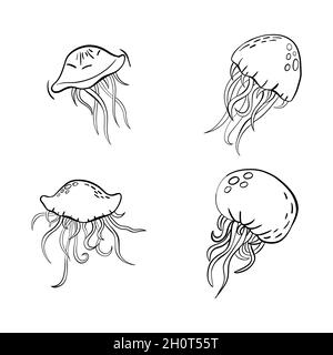 Black outline vettore doodle cartoon jellyfish set Illustrazione Vettoriale