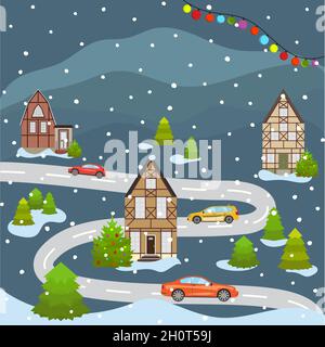 Natale e felice anno nuovo paesaggio della città celebrare le vacanze invernali. Cartoon vecchio edificio strada della città in stile piatto. Illustrazione vettoriale Illustrazione Vettoriale