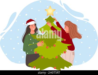 Natale e Felice anno nuovo persone che festeggiano le vacanze invernali. Le donne decorano l'albero di Natale insieme. Illustrazione vettoriale Illustrazione Vettoriale