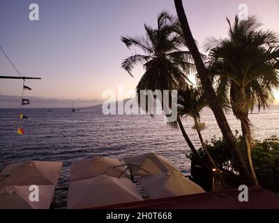 Stati Uniti. 31 luglio 2021. Vista delle palme e dell'Oceano Pacifico dal Kimo's Restaurant al Sunset, Maui, Lahaina, Hawaii, luglio 31, 2021. (Foto di Sftm/Gado/Sipa USA) Credit: Sipa USA/Alamy Live News Foto Stock