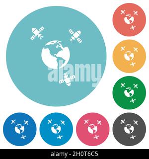 Icone bianche piatte per la comunicazione satellitare su sfondi di colore rotondi Illustrazione Vettoriale