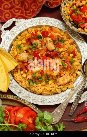 Couscous con carne, pomodori e mais in un piatto di ferro su sfondo rosso Foto Stock