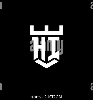 HI logo monogramma iniziale con modello di design a forma di castello isolato su sfondo nero Illustrazione Vettoriale