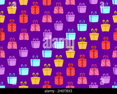 Confezioni regalo colorate con motivo senza cuciture. Collezione di varie confezioni regalo in stile piatto. Design festivo per cartoline, carta da imballaggio, striscioni e promozioni Illustrazione Vettoriale