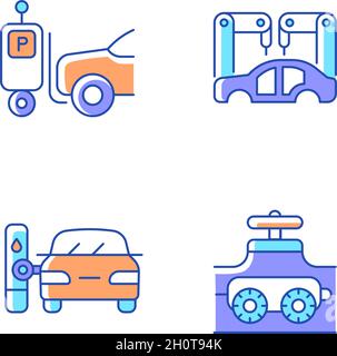 Automazione nell'industria automobilistica icone a colori RGB impostate Illustrazione Vettoriale