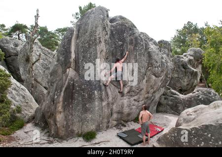 Bouldering alle rocce nelle foreste di Fontainebleau Foto Stock