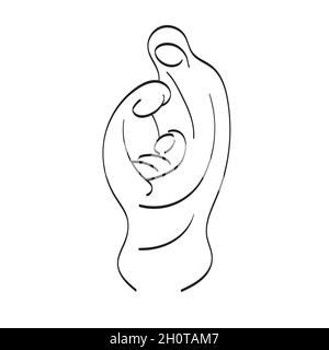 storia della natività Natale con Maria, Giuseppe e Gesù bambino disegno a mano linee illustrazione vettore Illustrazione Vettoriale