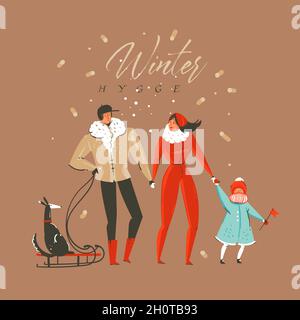 Vettore disegnato a mano astratto divertimento Merry Natale e felice anno nuovo cartoon illustrazione biglietto d'auguri con caratteri di famiglia e testo di hygge inverno Illustrazione Vettoriale