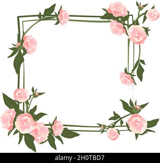 Corona di Peony. Cornice quadrata, fiori rosa carino e foglie. Composizione rosa primaverile in fiore con boccioli. Decorazioni natalizie per matrimoni, feste, cartoline, poster e design. Illustrazione vettoriale Illustrazione Vettoriale