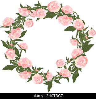 Una corona di peonie. Cornice rotonda, fiori rosa carino e foglie. Composizione rosa primaverile in fiore con boccioli. Decorazioni natalizie per matrimoni, feste, cartoline, poster e design. Illustrazione vettoriale Illustrazione Vettoriale