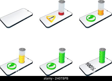 Set vettoriale dell'indicatore di carica della batteria del telefono cellulare. Icone di batteria scarica e carica completa Illustrazione Vettoriale