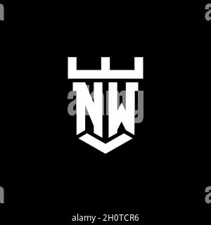 Logo NW monogramma iniziale con modello di design a forma di castello isolato su sfondo nero Illustrazione Vettoriale
