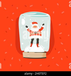 Vettore disegnato a mano astratto divertimento Merry Natale e felice anno nuovo cartoon illustrazione biglietto di auguri con Babbo Natale personaggio in globo neve Illustrazione Vettoriale