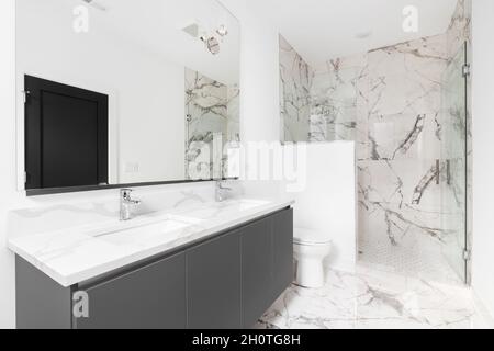 Un lussuoso bagno con armadietto grigio, ripiano in marmo bianco e una doccia a muro circondata da piastrelle di marmo e una porta in vetro. Foto Stock