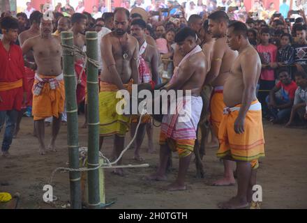 Guwahati, Guwahati, India. 14 Ott 2021. Buffalo pronto per sacrificare come parte del festival indù Durga Puja Maha Navami al tempio di shree Billeshwar, Belsor nel distretto di Nalbari di Assam India Giovedì 14 Ottobre 2021 (Credit Image: © Dasarath Deka/ZUMA Press Wire) Credit: ZUMA Press, Inc./Alamy Live News Foto Stock