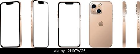 Golden Modern smartphone mobile iPhone 13 MINI in 6 diverse angolazioni su sfondo bianco - illustrazione vettoriale Illustrazione Vettoriale