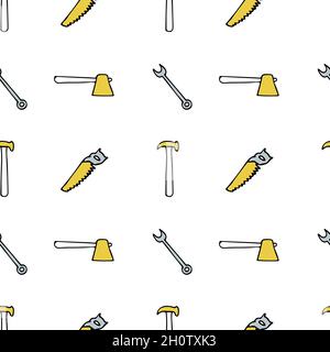 Modello senza cuciture con utensili di riparazione, cricco, ascia, pinza, sega, chiave a tubo. Illustrazione Vettoriale