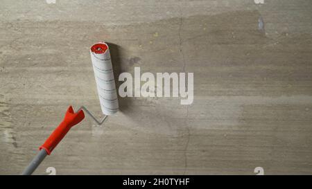 Innesco del soffitto con un rullo. Primer di lavoro con un rullo per verniciatura a soffitto. Primo piano del processo di adescamento del calcestruzzo. Foto Stock