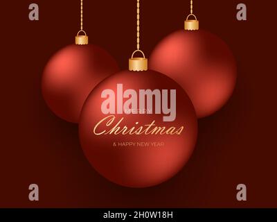 Palline rosse natalizie appese su catene d'oro su sfondo rosso scuro Illustrazione Vettoriale