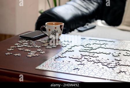 Mettere insieme i pezzi del puzzle. Solo a casa. Quarantena nel focolaio di Coronavirus. Primo piano. Foto Stock