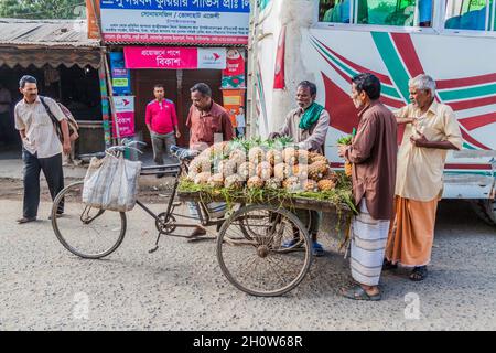 SONA MASJID, BANGLADESH - 11 NOVEMBRE 2016: Venditore di ananas nella zona di Sona Masjid, Bangladesh Foto Stock