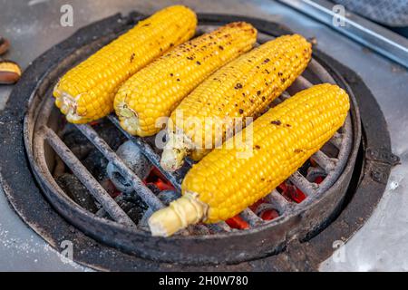 Mais alla griglia giallo. Street food sulla strada di Atene, Grecia. Foto Stock