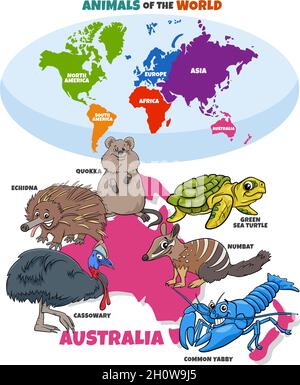 Illustrazione di cartoni animati educativi delle specie animali australiane tipiche e mappa del mondo con i continenti Illustrazione Vettoriale