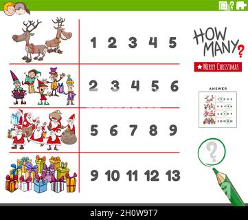Illustrazione di cartoni animati di attività educative di conteggio per bambini con i caratteri di festa di Natale Illustrazione Vettoriale