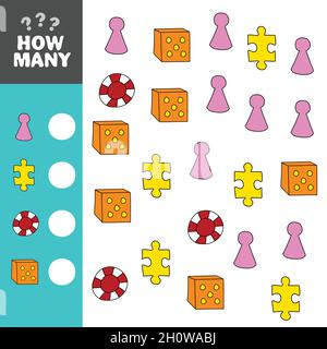 Gioco di puzzle matematico. Apprendimento della matematica, compiti da aggiungere per i bambini prescolare. Contare gli elementi e scrivere la risposta Illustrazione Vettoriale