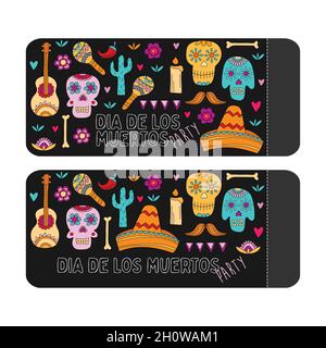 Giorno dei morti, dia de los muertos, banner con elementi messicani colorati. Poster delle feste, set volantino delle feste, biglietto di auguri divertente Illustrazione Vettoriale