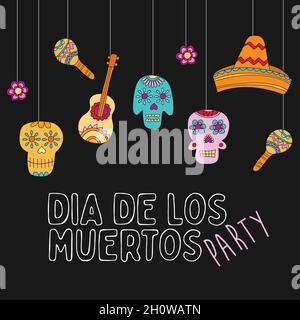 Giorno dei morti, dia de los muertos, banner con elementi messicani colorati. Poster delle feste, volantino delle feste, biglietto di auguri divertente Illustrazione Vettoriale