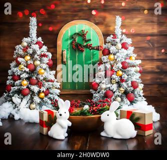 Studio fotografico splendidamente decorato per Natale. Due alberi bianchi di Natale, decorati con palle luminose sullo sfondo di tavole di legno. Coniglietti, Foto Stock