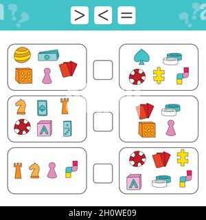 Gioco di puzzle matematico. Apprendimento della matematica, compiti da aggiungere per i bambini prescolare. Contare gli elementi e rispondere in modo più minore o uguale. Illustrazione Vettoriale