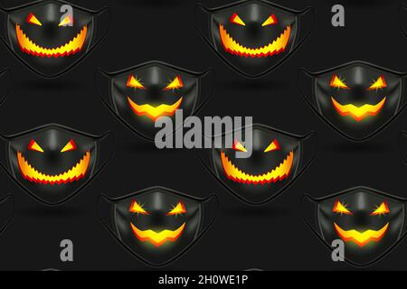 Modello senza cuciture con maschere mediche nere per Halloween. Con muserelle spaventose intagliate. Illustrazione realistica su sfondo nero. Vettore. Illustrazione Vettoriale