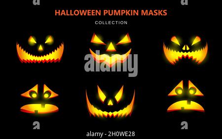 Collezione di maschere per Halloween. Zucche scolpite con emozioni diverse. Illustrazione realistica su sfondo nero. Vettore. Illustrazione Vettoriale