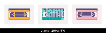 Set di nastri video vettoriali vhs. Elementi alla moda piatti per un design retrò. Illustrazione Vettoriale
