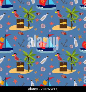 Modello con un'isola e una palma. Scrigno del tesoro e pappagallo pirata. Illustrazione Vettoriale