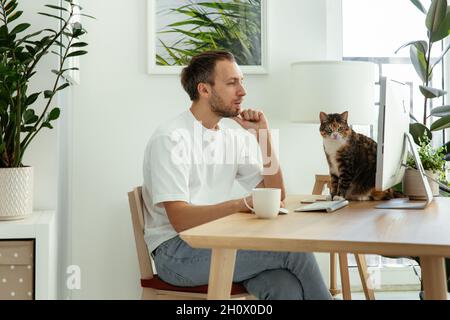 Casual uomo d'affari leggere e-mail di affari sul computer che lavora da ufficio domestico sul blocco coronavirus Foto Stock