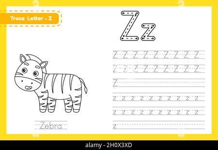 Tracciare la lettera Z maiuscola e minuscola. Foglio di lavoro di pratica di calcolo dell'alfabeto per i bambini che imparano l'inglese con animale carino dei cartoni animati. Boo da colorare Illustrazione Vettoriale