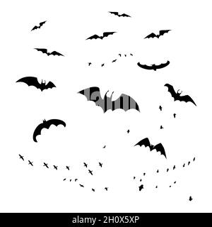 Horror bats gruppo isolato su sfondo bianco. Set di creature notturne Flittermouse. Blsck silhouettes di volo pipists.Traditional Halloween symbol.Vector Illustrazione Vettoriale