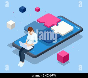 Persone isometriche che collegano elementi puzzle. Lavoro di squadra, cooperazione, partnership. Lavoro di squadra, team building, organizzazione aziendale. Puzzle Illustrazione Vettoriale